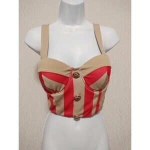 Blithe Women's Sz Small Corset Retro Y2K Striped Red Khaki Gold Button Nautical